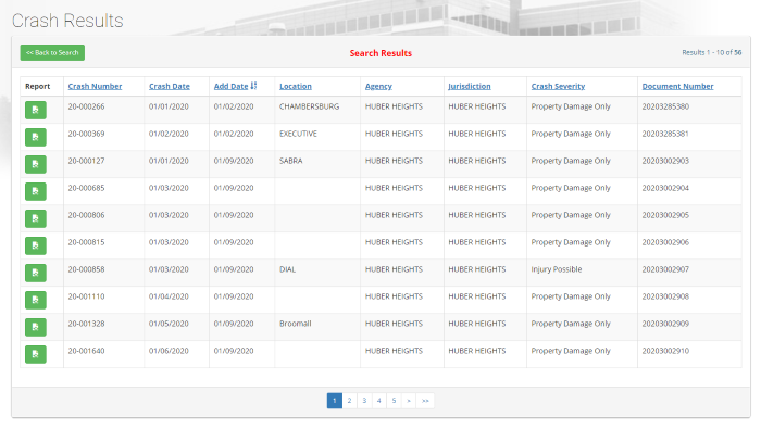 Screenshot of the crash results webpage showing that some rows have a blank location.