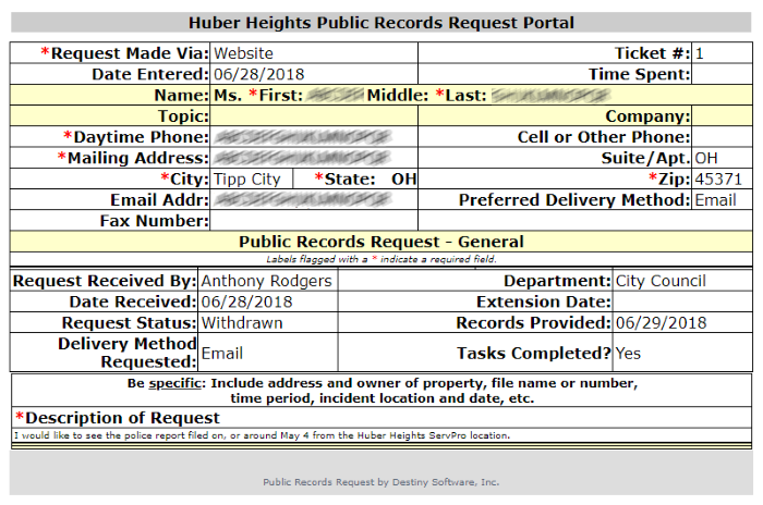 Public Request Ticket #1 from June 28, 2018. Although it's public information, I've blurred out the requester's name and contact information.